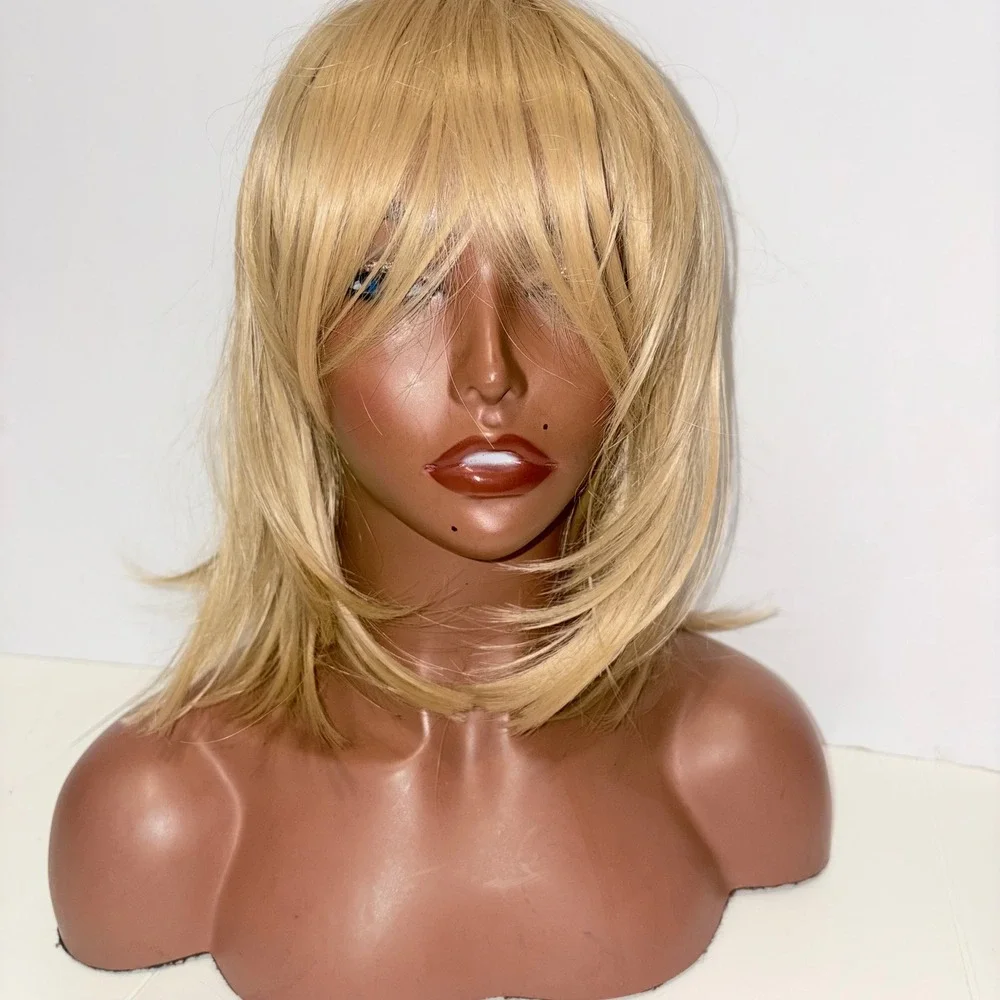 Blonde Shoulder Length Layered Bob Wig with Curtain Bangs Synthetic Hair